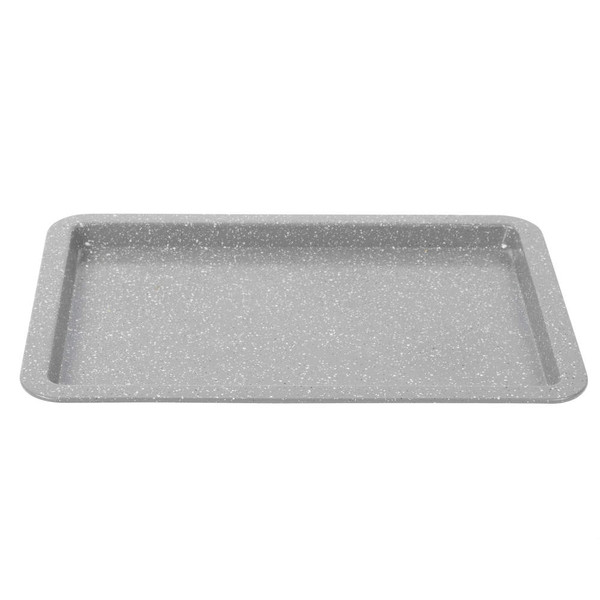 Grey speckled non-stick baking tray, shown from above