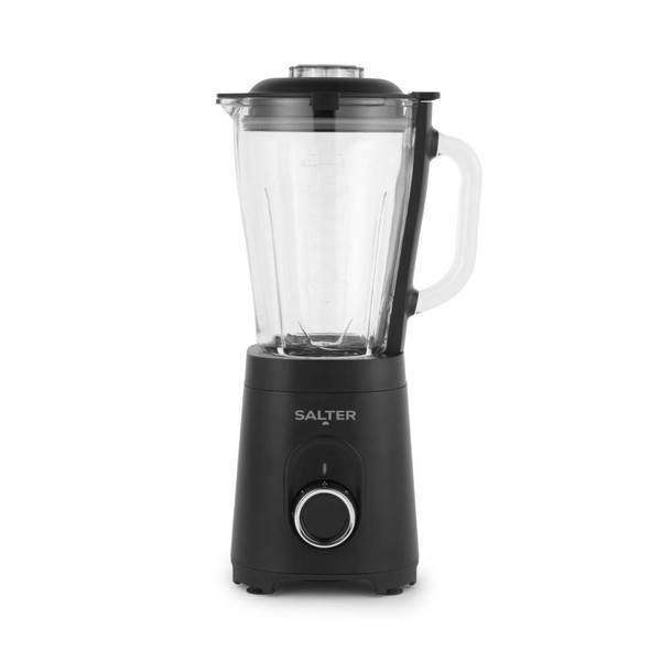 Black jug blender with clear glass jug, Salter branding and dial control, shown front view