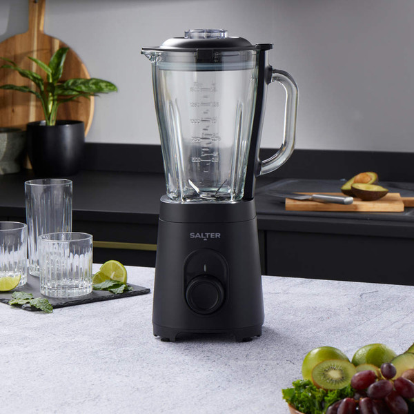 Black Salter jug blender with glass pitcher on kitchen worktop, shown upright