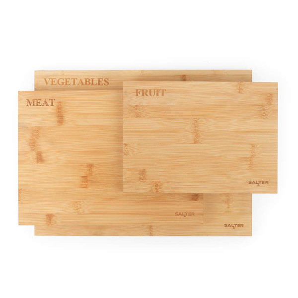 Set of three bamboo chopping boards labelled for meat, vegetables, and fruit
