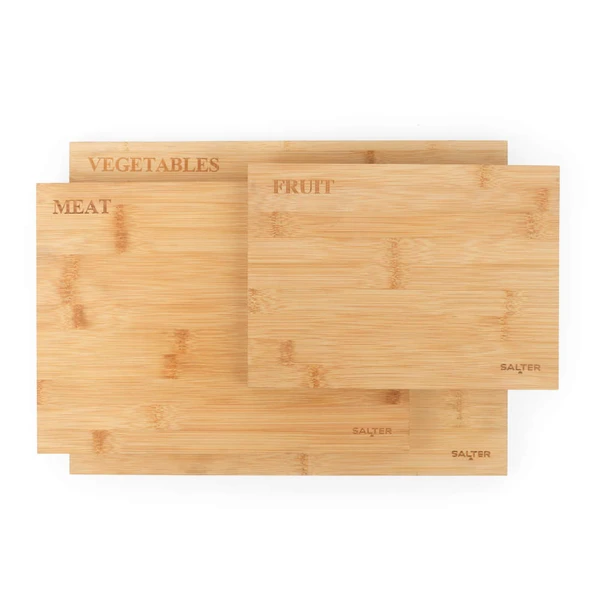 Set of three bamboo chopping boards labelled for meat, vegetables, and fruit