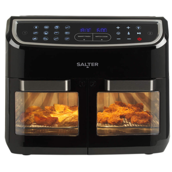 Black Salter dual drawer air fryer showing chips and fried chicken inside