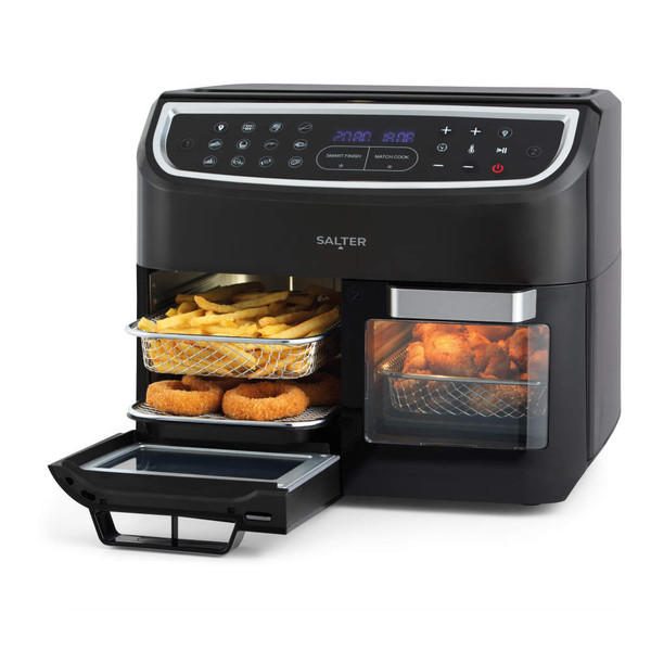 Salter black air fryer with dual compartments, showing chips, breaded rings and chicken inside.
