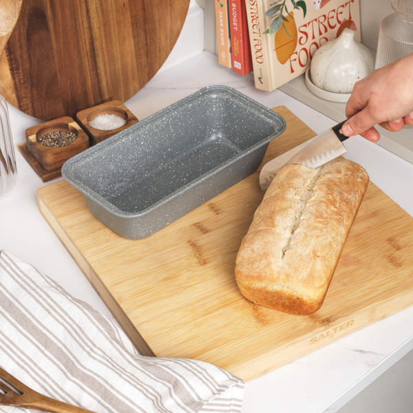 Grey non-stick loaf tin, top view