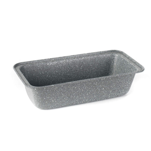 Grey speckled non-stick loaf tin, rectangular with rounded corners