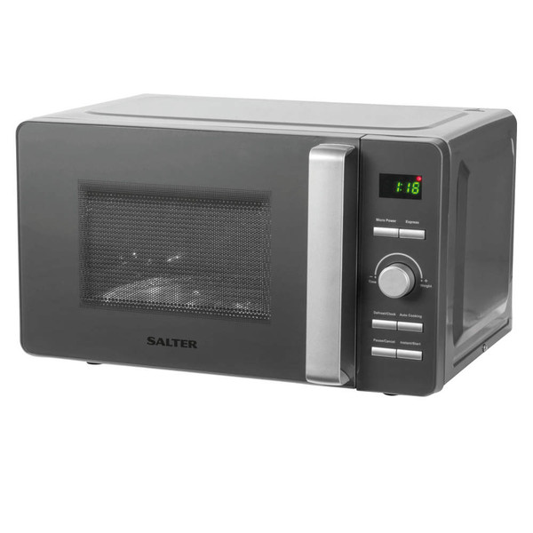 Grey countertop microwave with digital timer and side control panel
