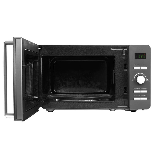 Black microwave oven with door open, showing empty interior and control panel