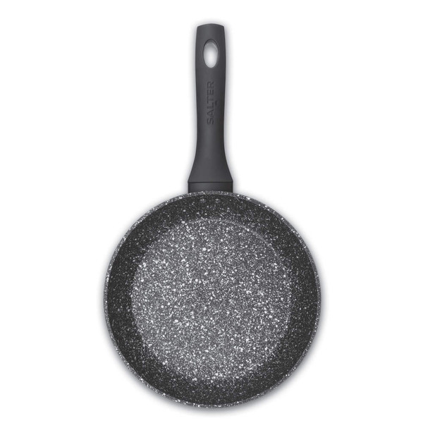 Black speckled non-stick frying pan with Salter branded handle, shown from above