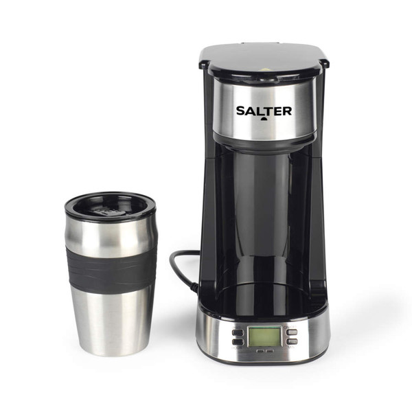 Salter single-serve coffee maker in black and silver with travel mug