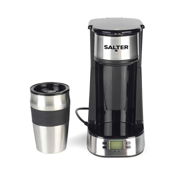Salter single-serve coffee maker in black and silver with travel mug