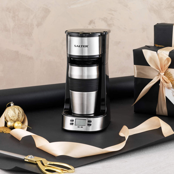 Salter single-serve filter coffee machine with travel mug, shown in festive gift setting.