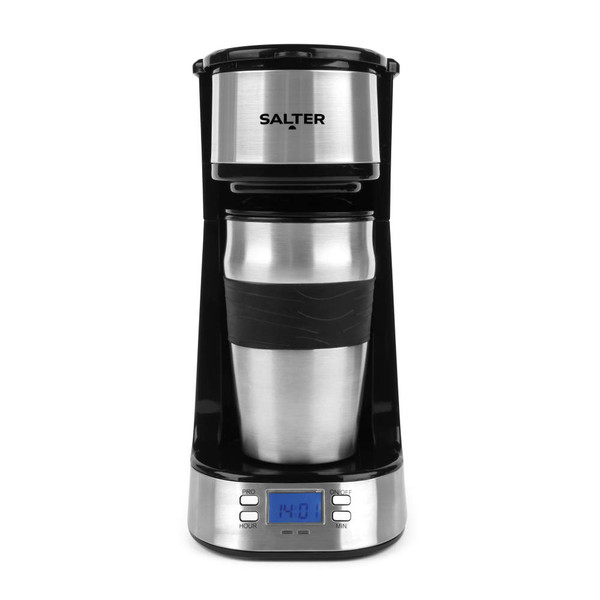 Silver and black filter coffee maker with travel mug and digital display