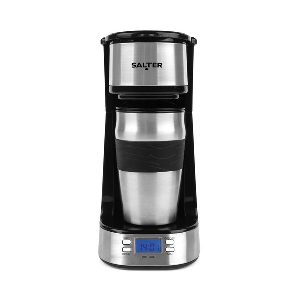 Silver and black filter coffee maker with travel mug and digital display