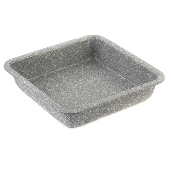 Square grey speckled non-stick baking tin