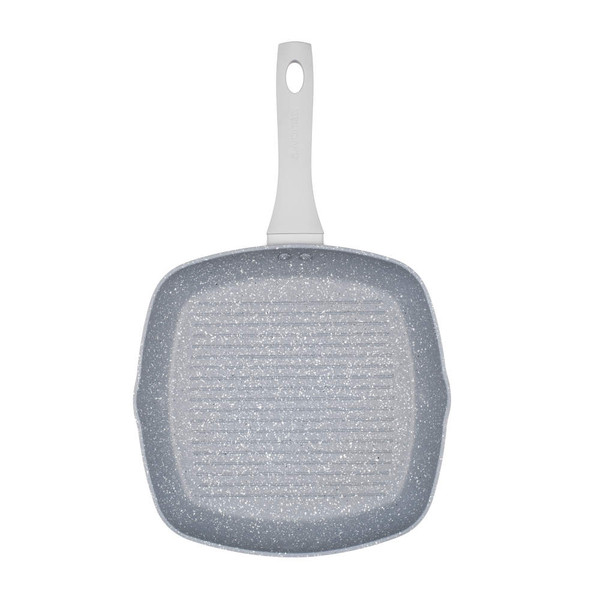 Square silver speckled grill pan with non-stick coating, top view.