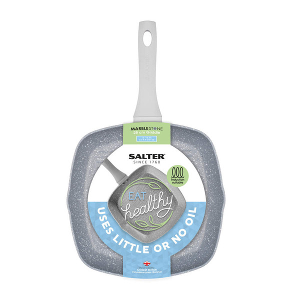 Silver marble-effect 28cm griddle pan with handle, Salter packaging, uses little oil
