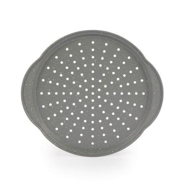 Grey pizza crisping tray with perforated base, shown from above