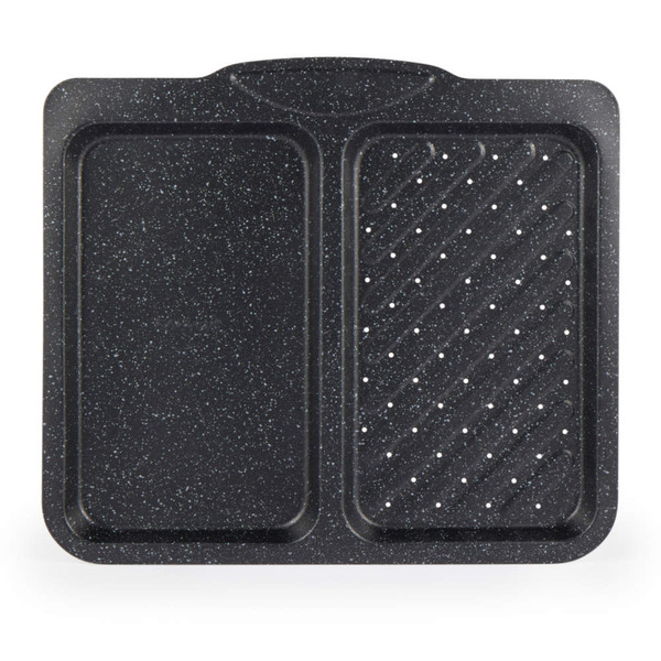 Black speckled oven tray with two sections, one perforated for grilling