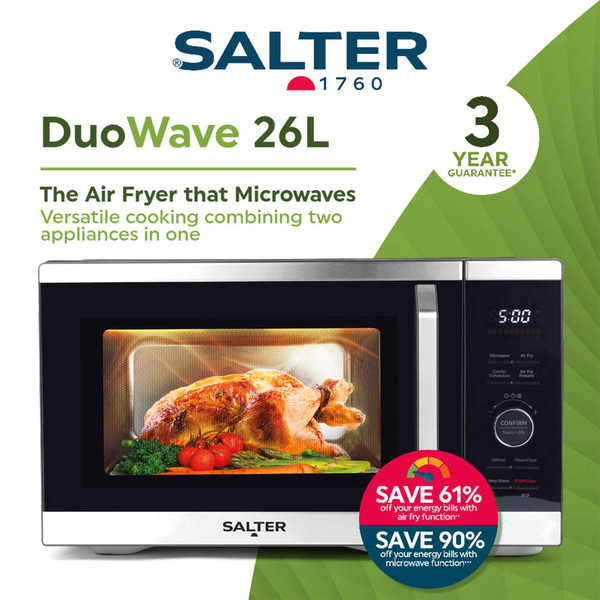 Black and silver Salter DuoWave 26L air fryer microwave oven with roast chicken inside, energy saving offer