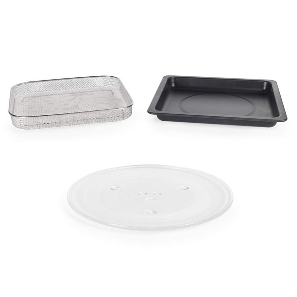 Microwave accessory set with mesh basket, black baking tray, and glass turntable.