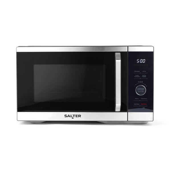 Silver and black microwave oven with handle and digital display, shown front view.