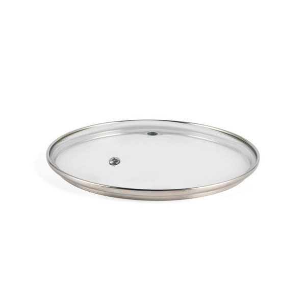 Glass pan lid with stainless steel rim and steam vent, shown on white background