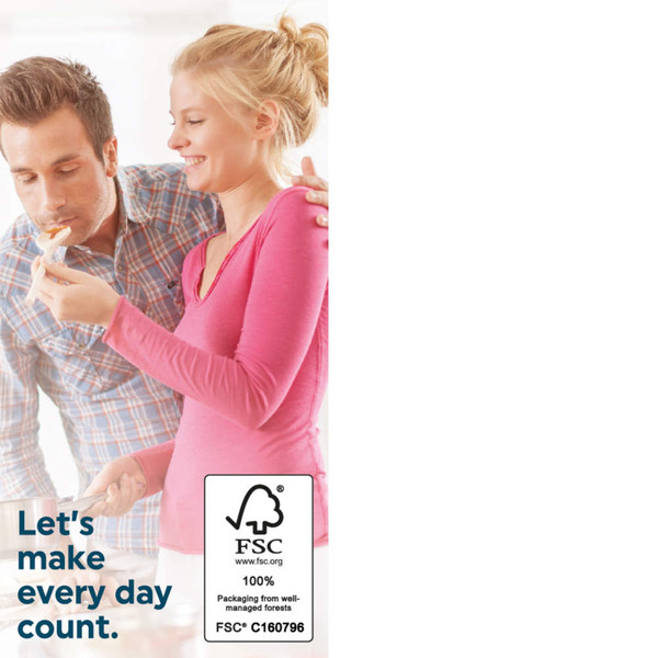 Promotional image: couple holding paper with FSC logo and 'Let's make every day count' slogan.