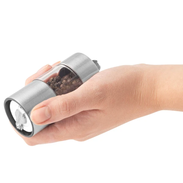 Pair of stainless steel salt and pepper mills with clear acrylic centre.