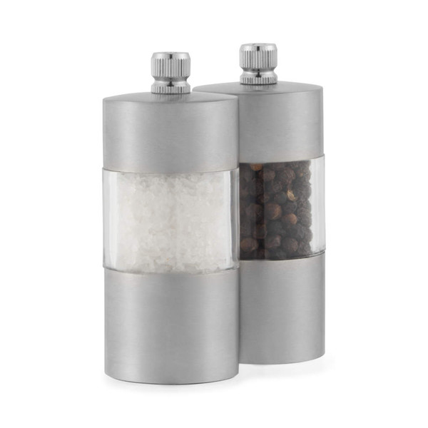 Set of two silver and clear manual salt and pepper mills with stainless steel finish.