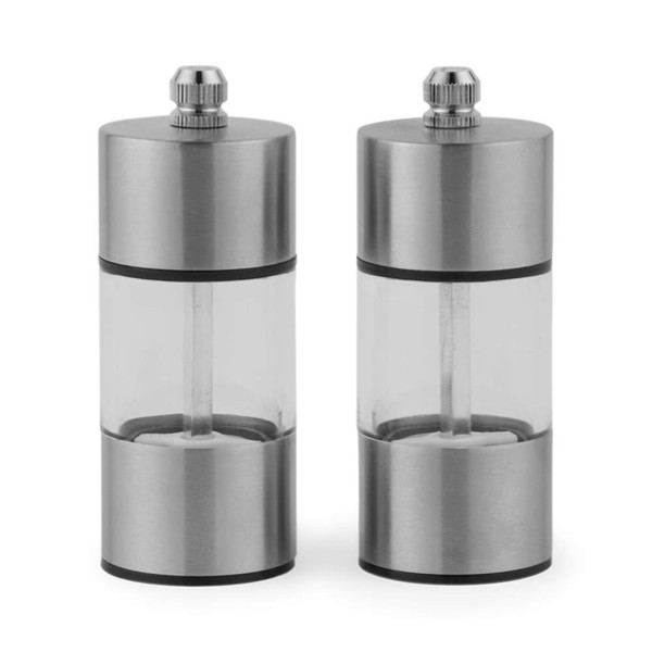 Pair of clear and silver stainless steel salt and pepper mills, side by side