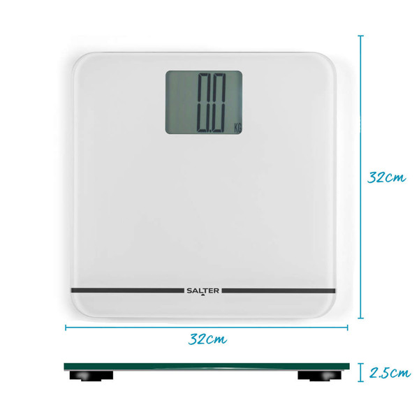White Salter digital bathroom scale with large display, 32cm x 32cm.