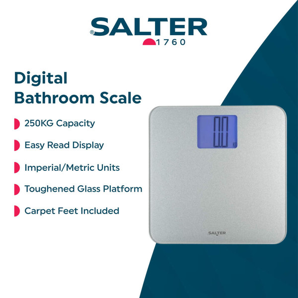 Silver digital bathroom scale with large backlit display, shown from above
