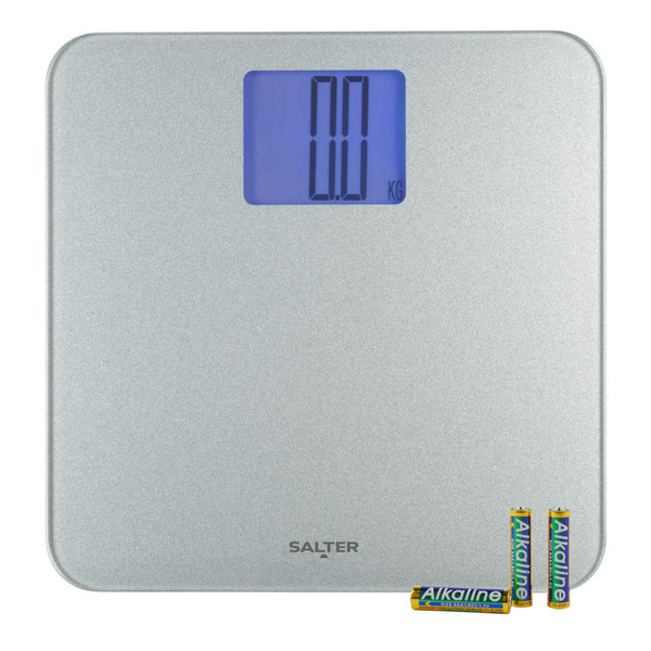 Silver digital bathroom scale with large backlit display and three AAA batteries included