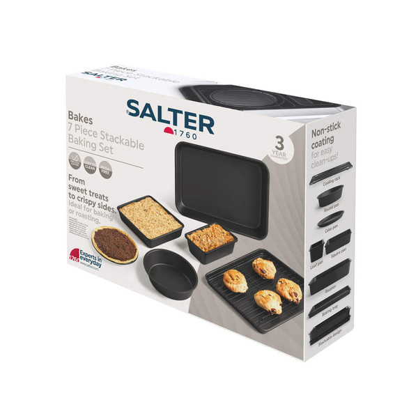 Salter 7 piece stackable non-stick baking set packaging, showing pans and baked goods