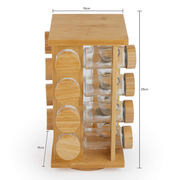 Bamboo rotating spice rack with glass jars, 12 jar capacity, size 15cm x 15cm x 29cm