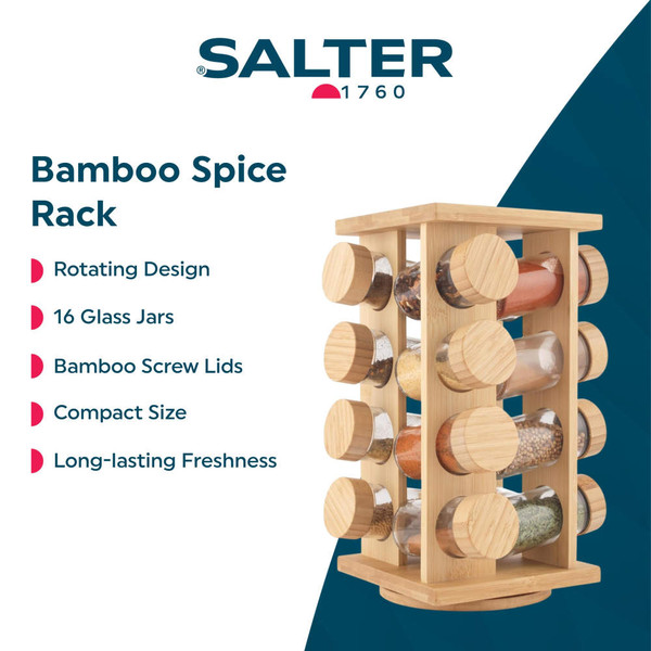 Bamboo rotating spice rack with 16 jars, shown on a kitchen counter.