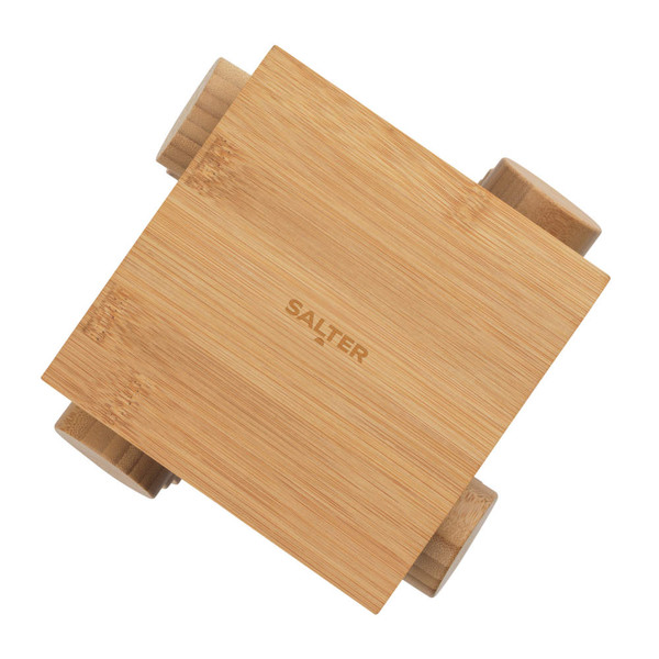 Salter bamboo digital kitchen scale, top-down view showing wood finish