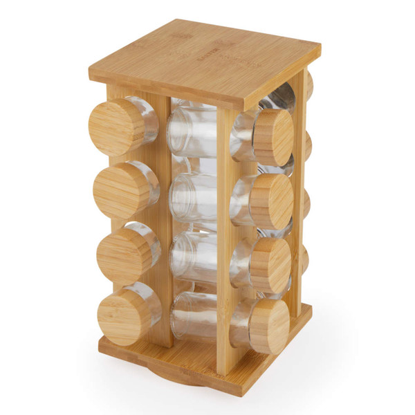 Rotating bamboo spice rack with 16 empty glass jars