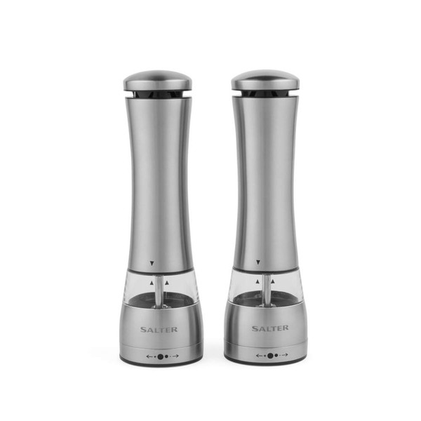 Set of two silver electric salt and pepper mills with clear base, shown upright.