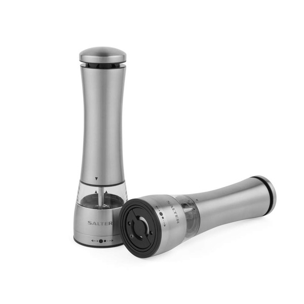 Stainless steel electric salt and pepper mills, set of two, brushed silver finish