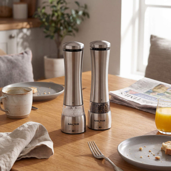 Stainless steel electric salt and pepper mills, set of two, brushed silver finish