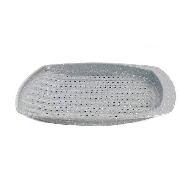 Grey oven crisper tray with perforated base for baking chips or pizzas