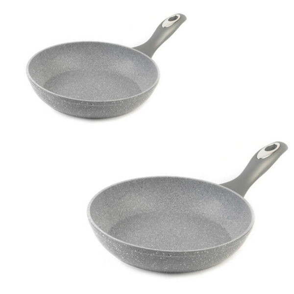 Set of two grey non-stick frying pans with speckled finish, shown from above.