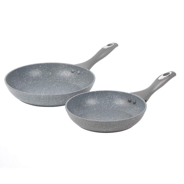 Set of two grey non-stick frying pans with speckled finish, shown side by side.