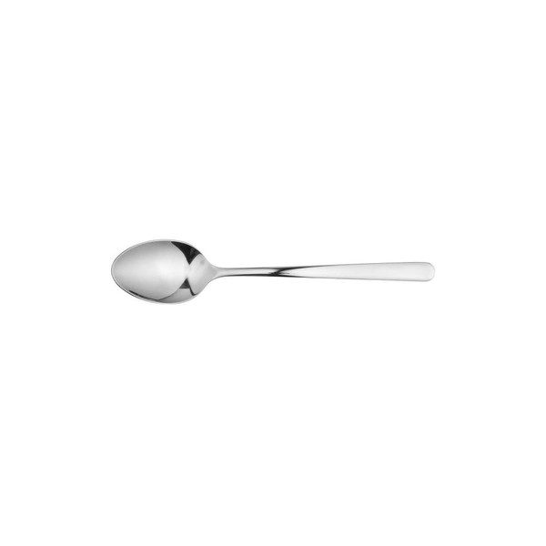 Stainless steel dessert spoon with plain handle, photographed on white background