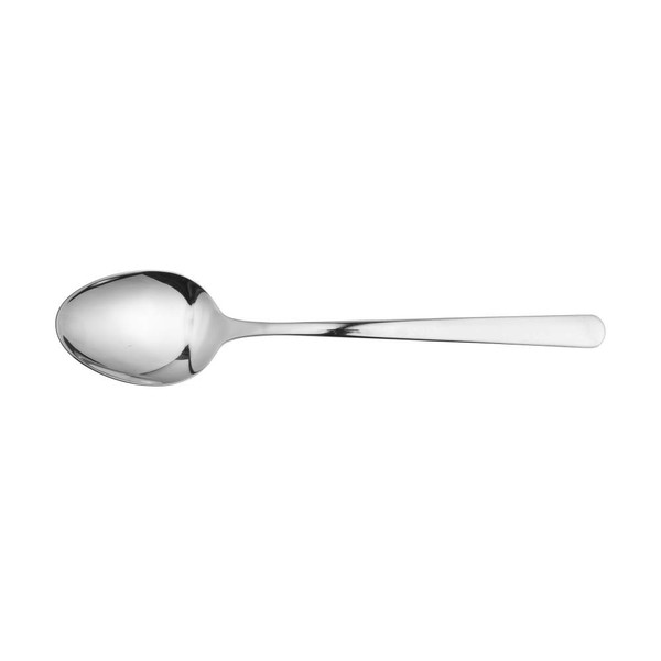 Stainless steel dessert spoon against white background