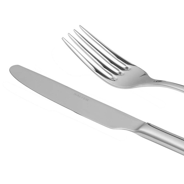 Stainless steel dinner knife and fork set, angled on white background