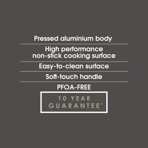 Category banner listing frying pan features: non-stick, PFOA-free, 10 year guarantee.