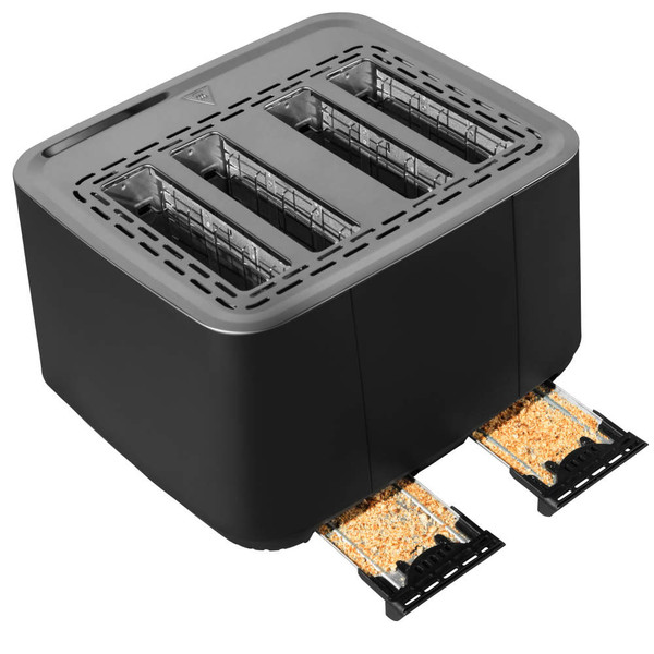 Four-slice black toaster with two crumb trays extended