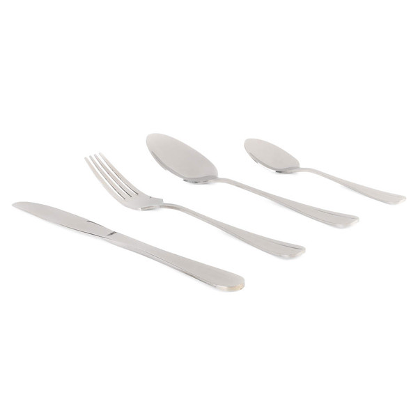 Four-piece silver cutlery set includes knife, fork, dessert spoon, and teaspoon.